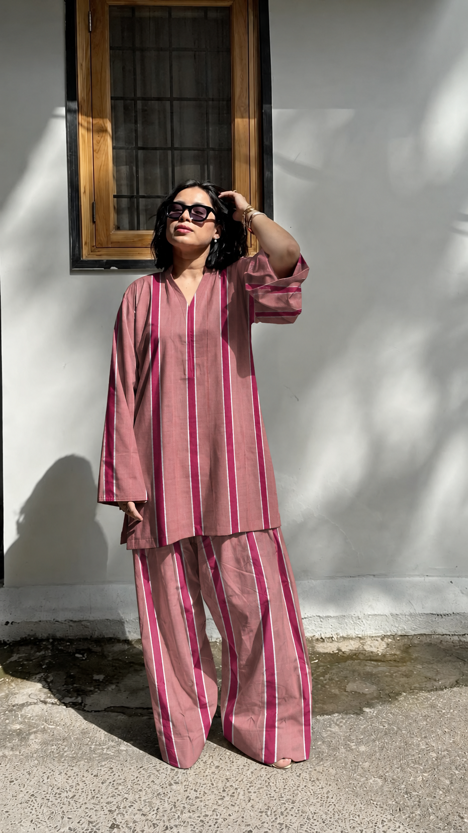 Mauve and Pink Striped V-Neck Tunic and Barrel Pant Set