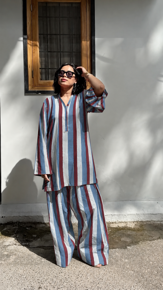 Blue and Rust Striped V-Neck Tunic and Barrel Pant Set