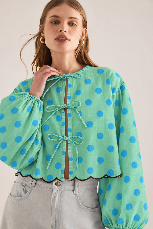 Aqua and Blue Polka Dot Tie-Front Balloon-Sleeve Blouse