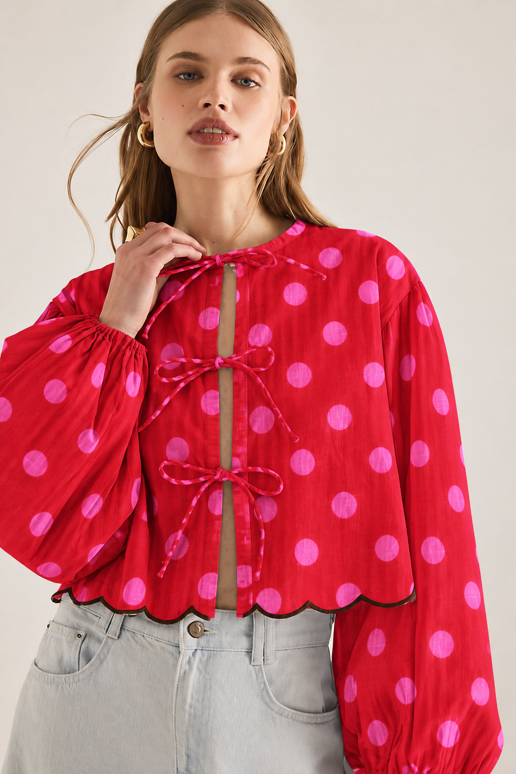 Red and Pink Polka Dot Tie-Front Balloon-Sleeve Blouse