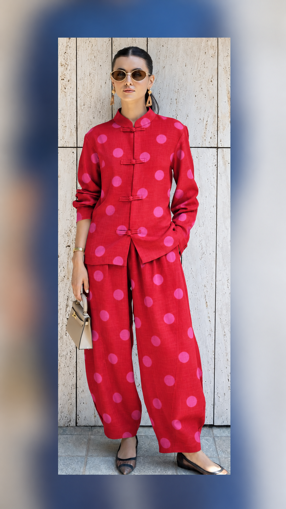 Red and Pink Polka Dot Frog-Button Tunic and Balloon Pant Set