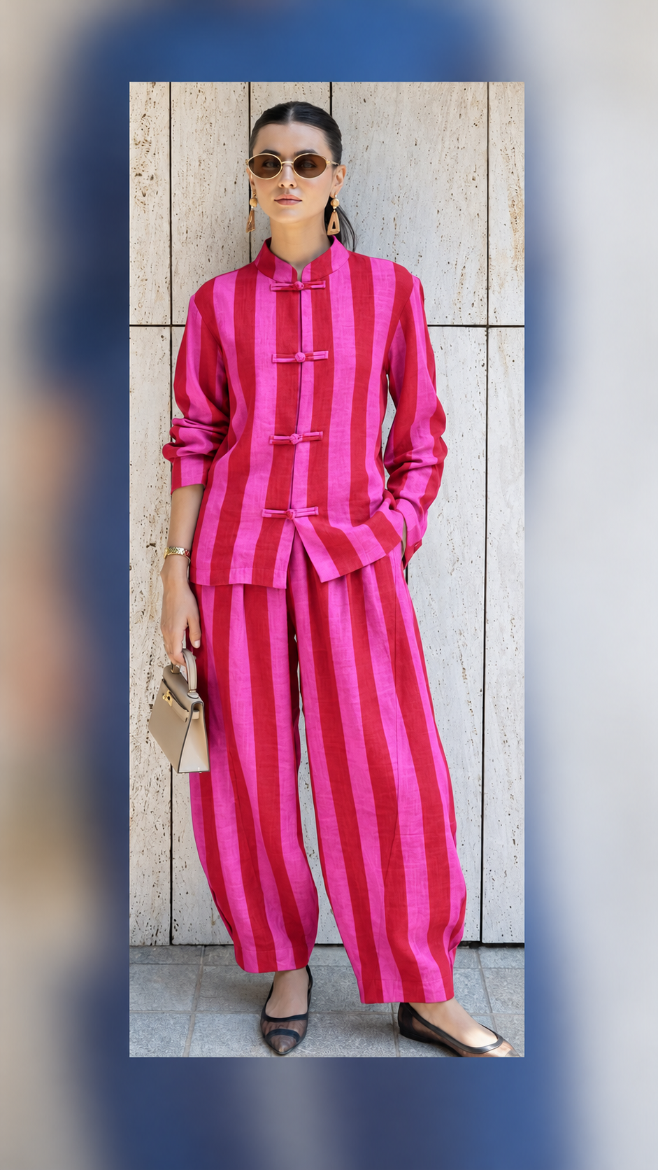Pink Striped Frog-Button Tunic and Balloon Pant Set - Style 1