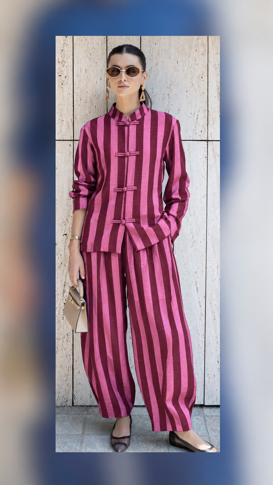 Mauve Striped Frog-Button Tunic and Balloon Pant Set