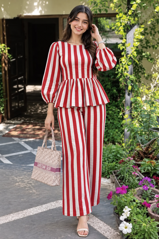 Red and White Striped Peplum Top and Trouser Set
