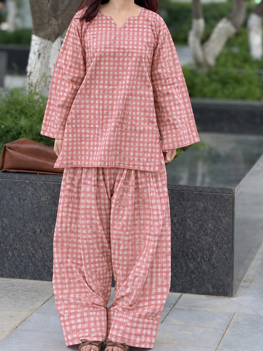 Blush Checked Short Kurti and Balloon Pant Set
