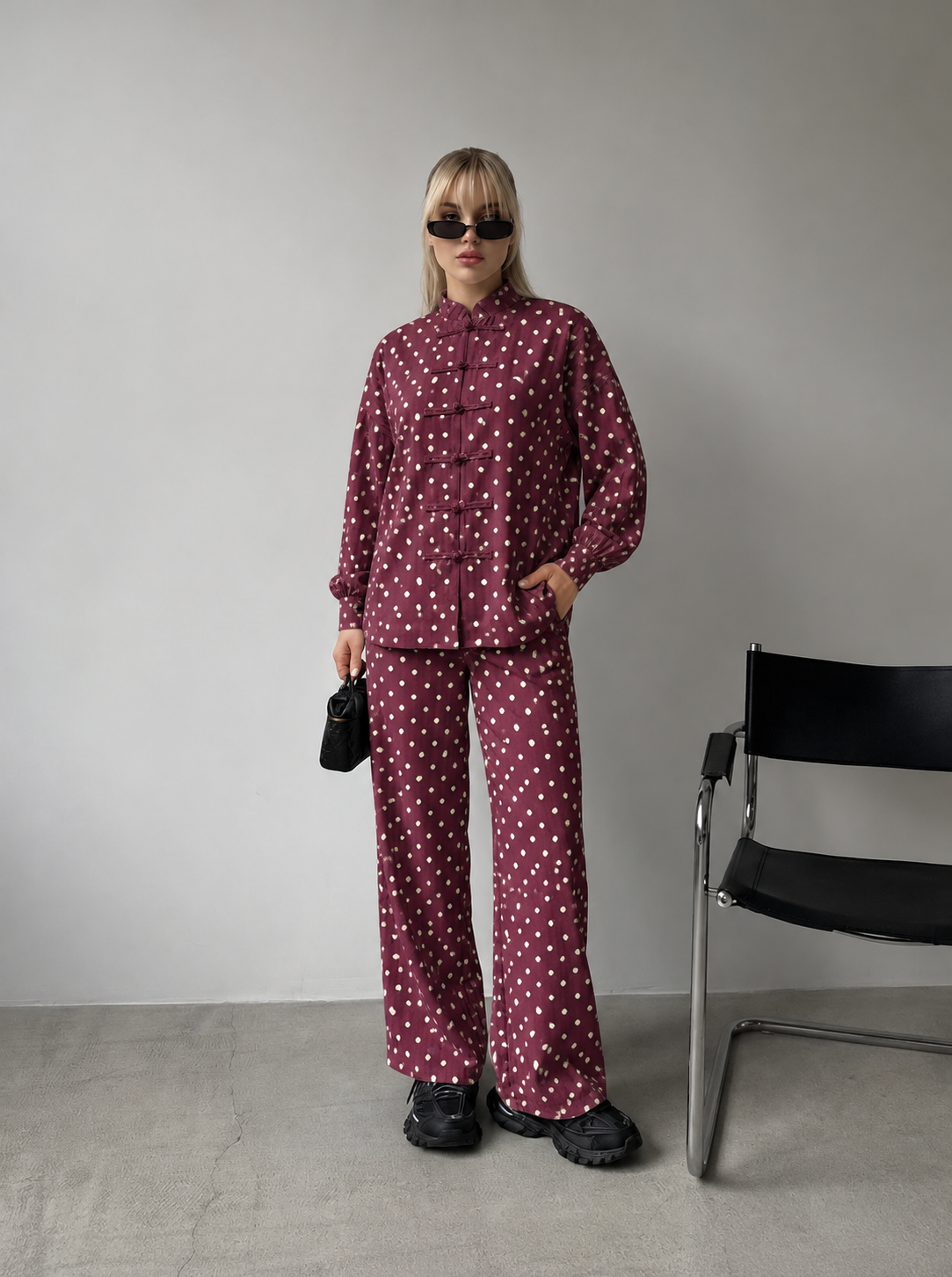Maroon and White Polka Dot Frog-Button Shirt and Trouser Set
