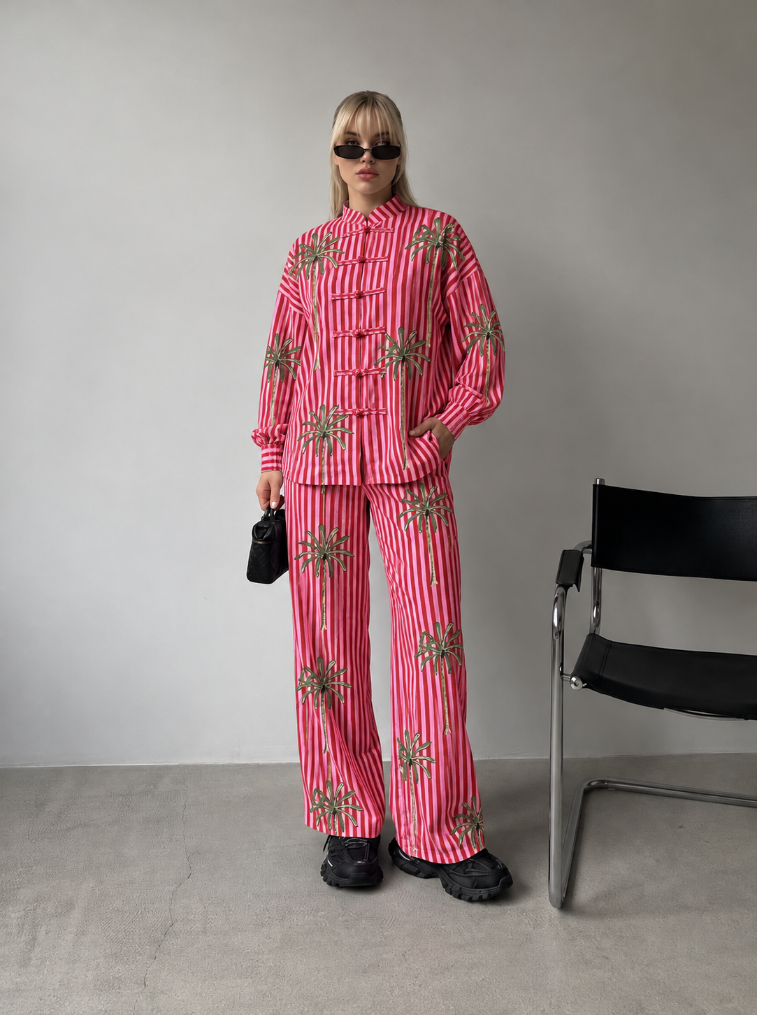 Pink Floral Striped Frog-Button Shirt and Trouser Set