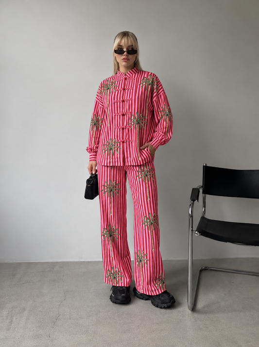 Pink Floral Striped Frog-Button Shirt and Trouser Set