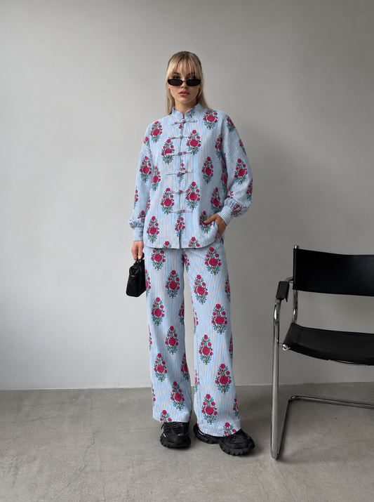 Pale Blue Floral Frog-Button Shirt and Trouser Set