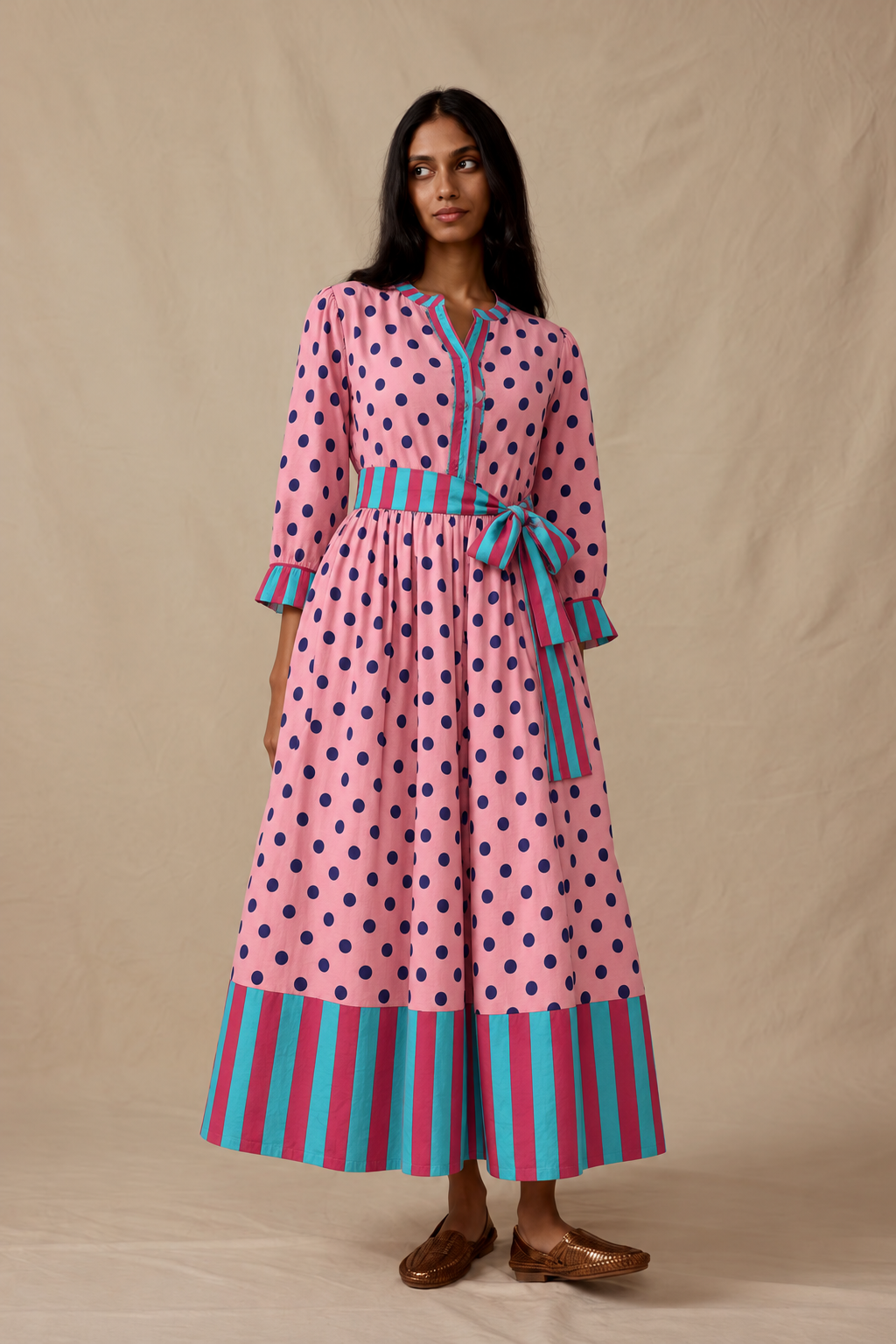 Pink Polka Dot Maxi Dress with Teal Striped Details