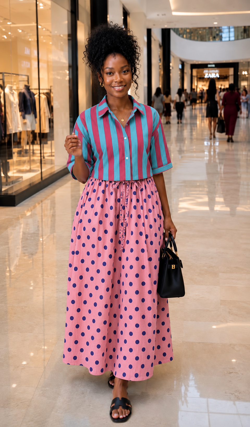 Teal Striped Shirt and Pink Polka Dot Maxi Skirt Set