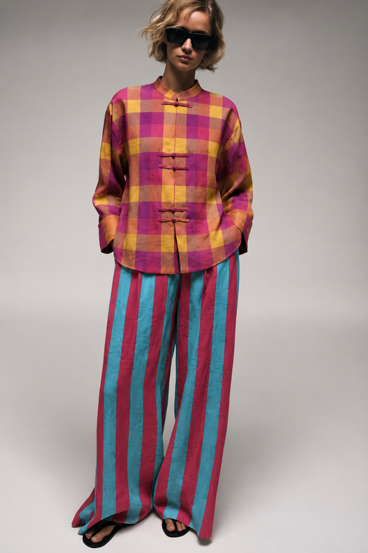 Magenta Checked Shirt and Teal Striped Trouser Set