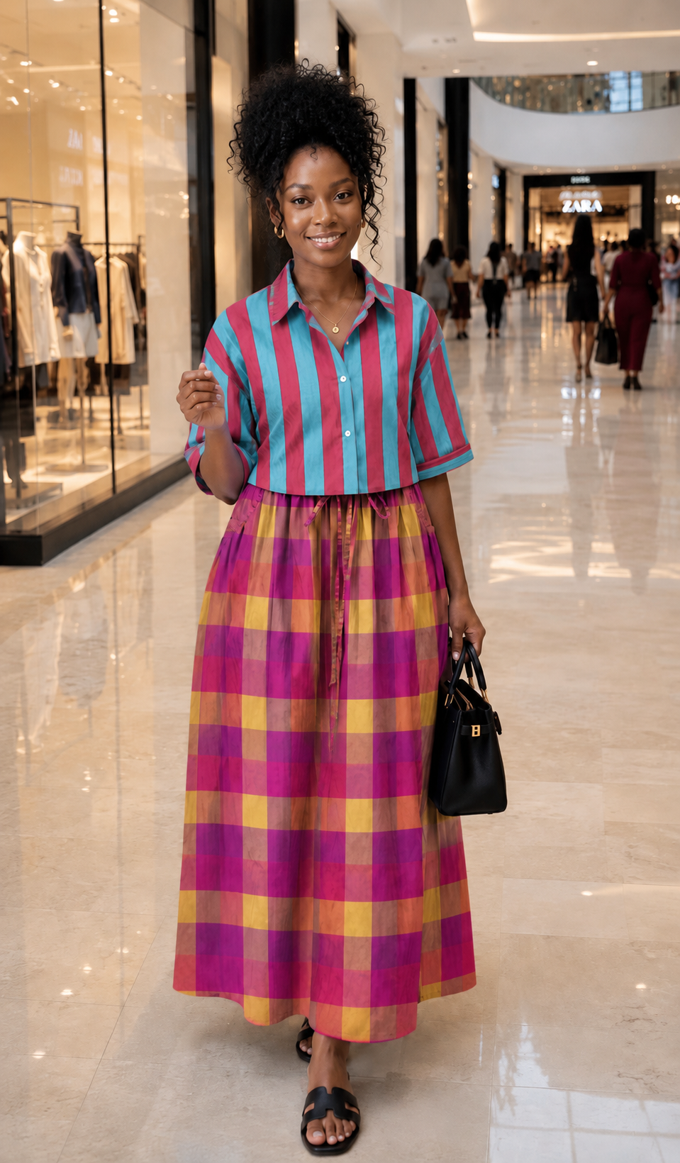 Teal Striped Shirt and Magenta Checked Maxi Skirt Set