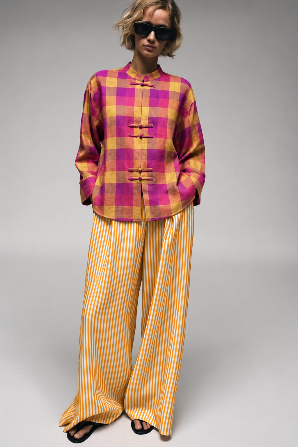 Magenta Checked Shirt and Mustard Striped Trouser Set