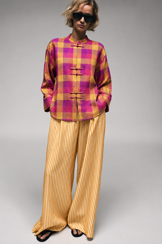 Magenta Checked Shirt and Mustard Striped Trouser Set