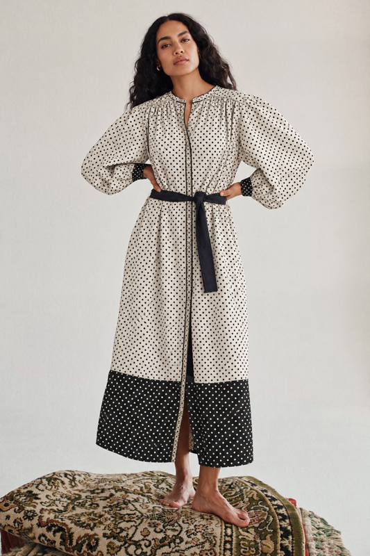 Cream and Black Polka Dot with Black and White Polka Dot Belted Long Shirt Dress
