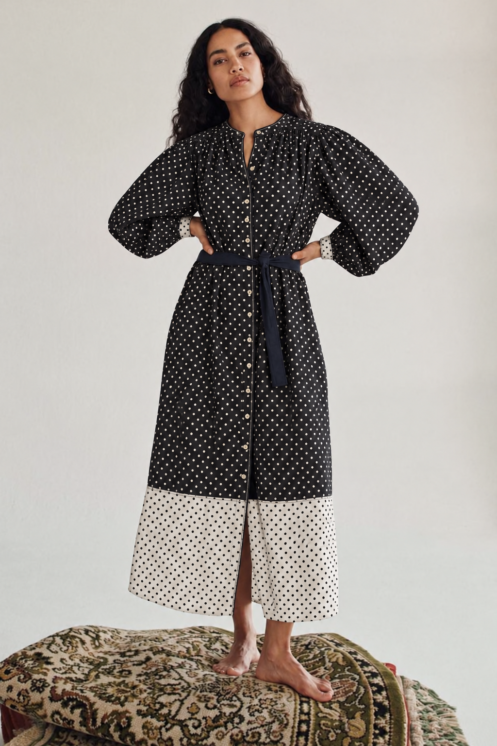 Black and White Polka Dot with Cream and Black Polka Dot Belted Long Shirt Dress