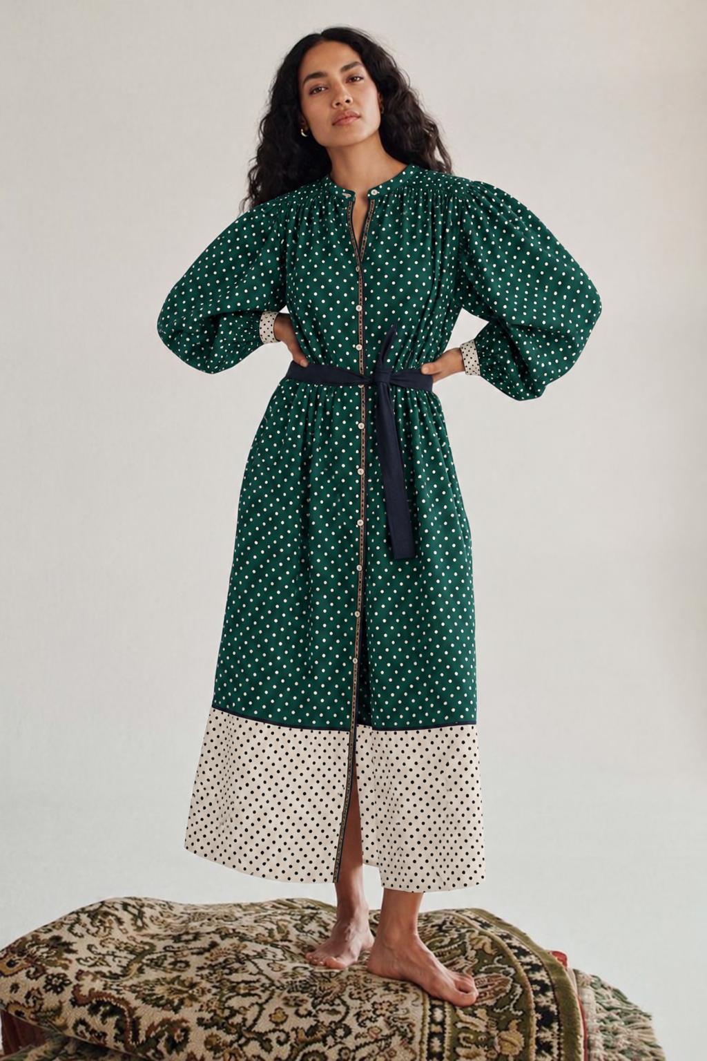 Emerald and White Polka Dot with Cream and Black Polka Dot Belted Long Shirt Dress