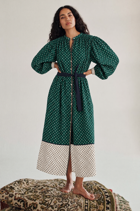 Emerald and White Polka Dot with Cream and Black Polka Dot Belted Long Shirt Dress
