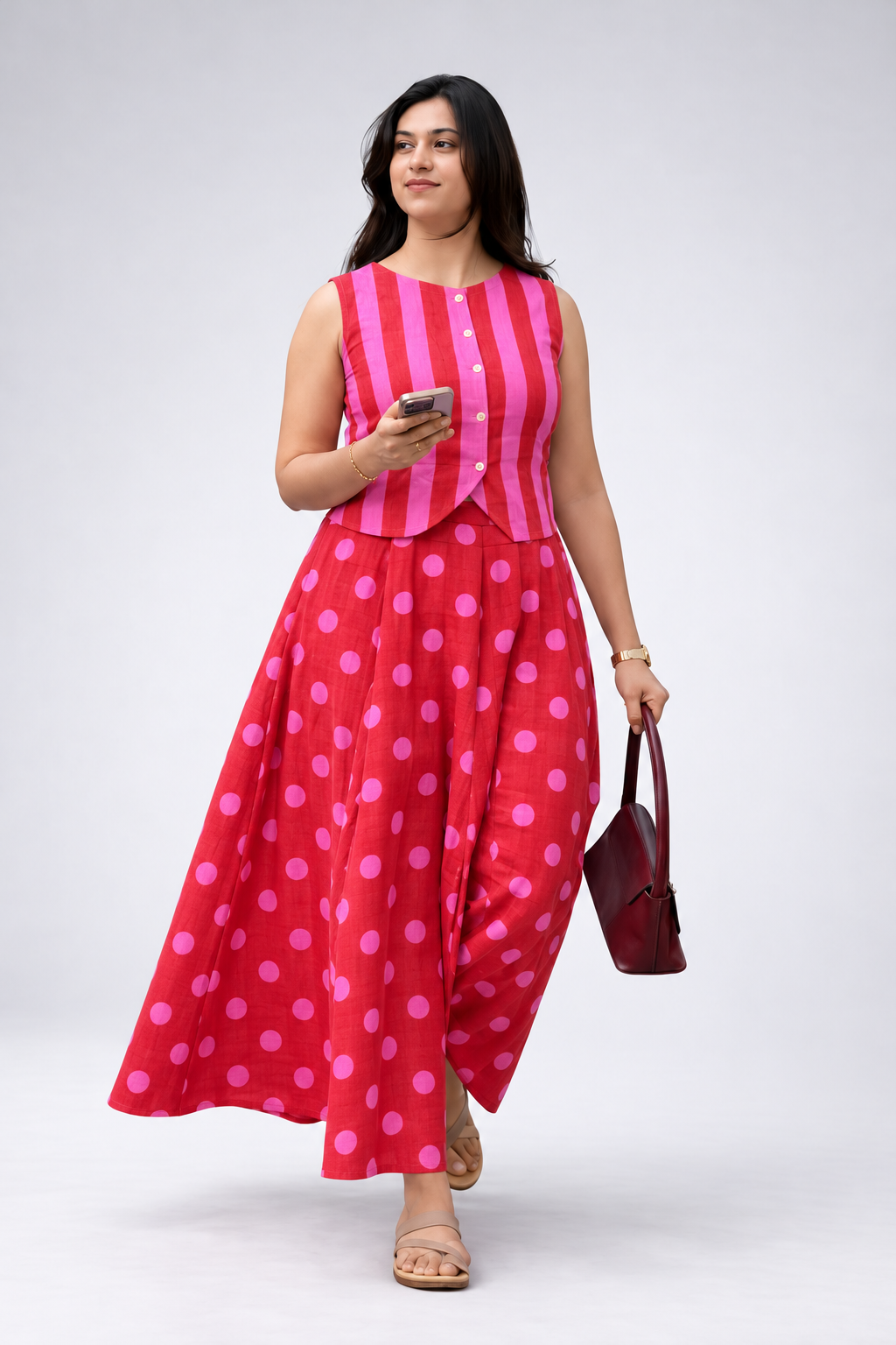 Pink Striped and Red and Pink Polka Dot Sleeveless Vest and Maxi Skirt Set