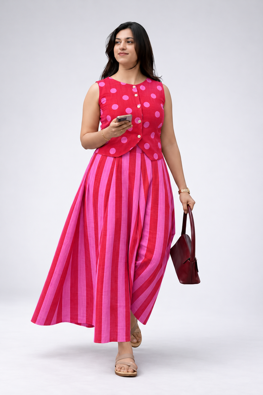 Red and Pink Polka Dot and Pink Striped Sleeveless Vest and Maxi Skirt Set - Style 2