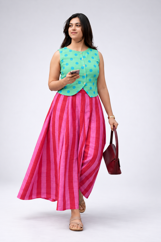 Aqua and Blue Polka Dot and Pink Striped Sleeveless Vest and Maxi Skirt Set
