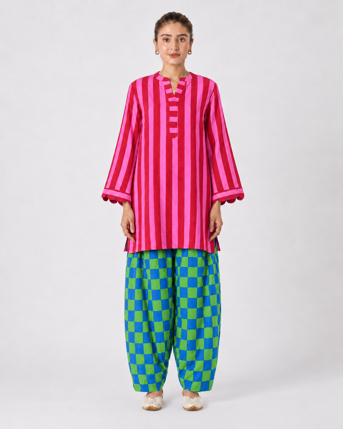 Pink Striped and Blue and Green Checked Tunic and Harem Pant Set