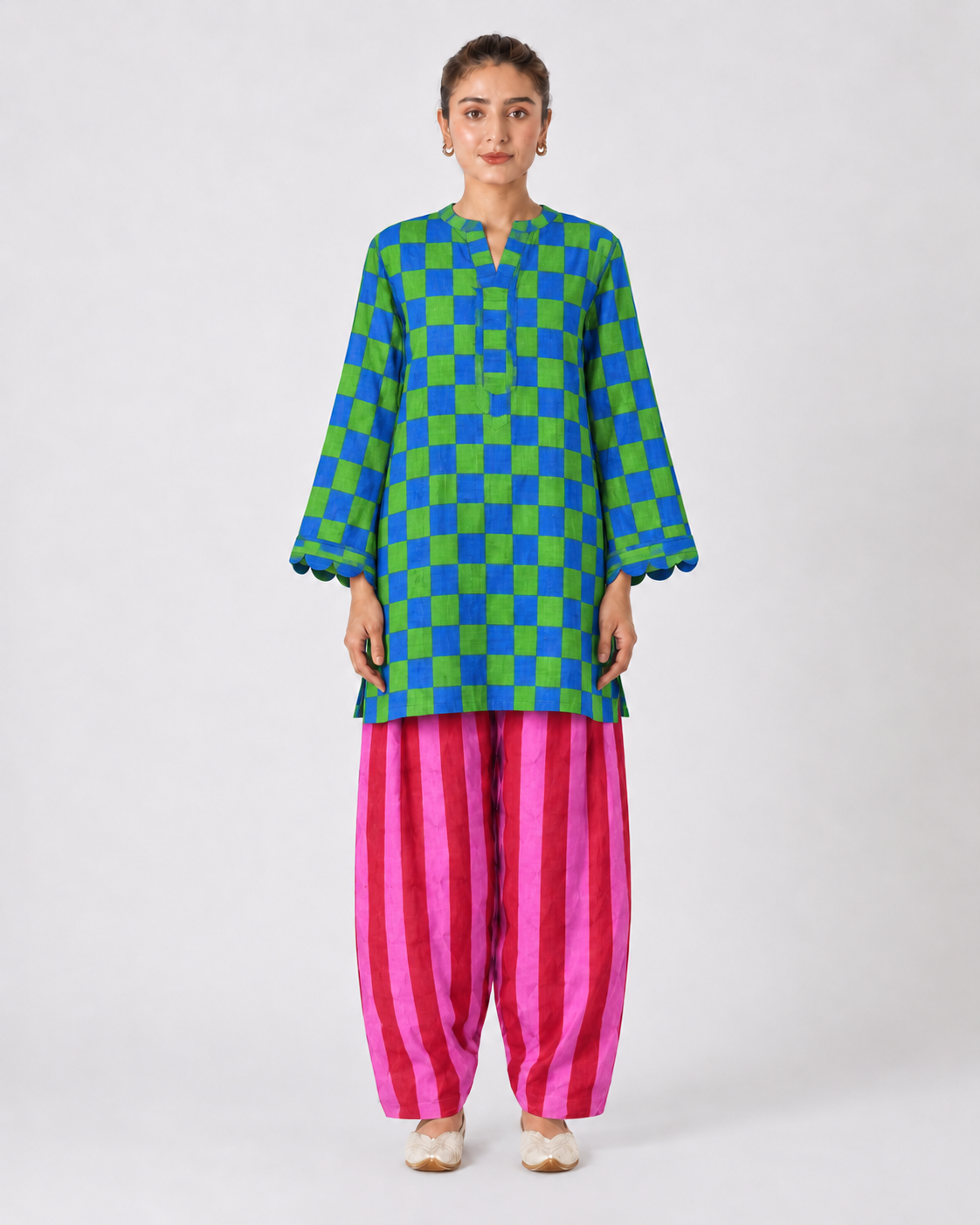 Blue and Green Checked and Pink Striped Tunic and Harem Pant Set
