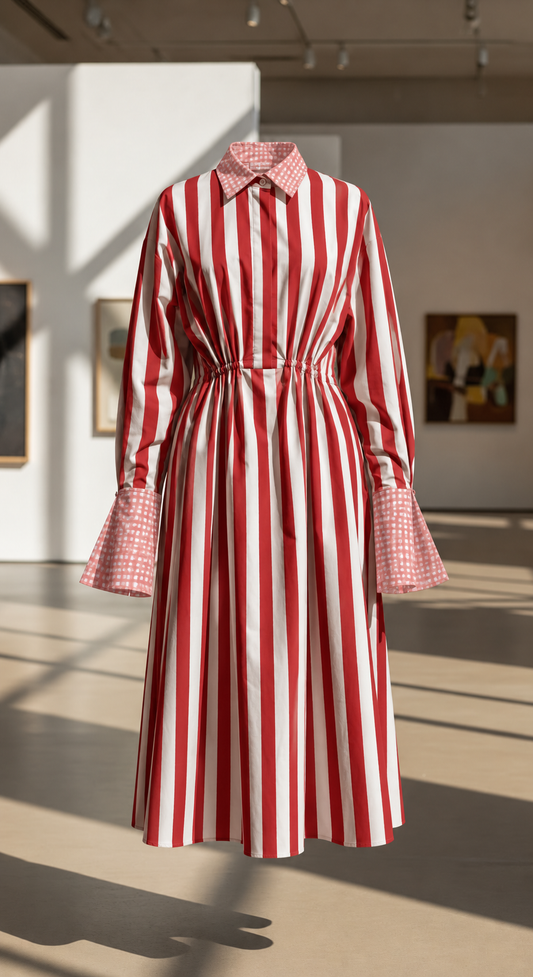 Red and White Striped with Blush Checked Belted Shirt Midi Dress