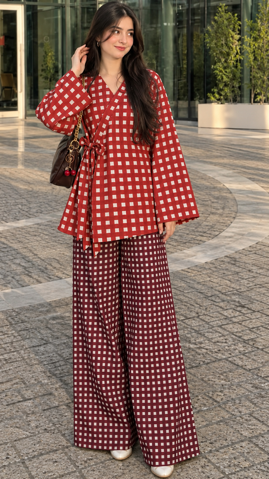 Red Square Check and Maroon Mini Check Wrap Tunic and Wide-Leg Trouser Set