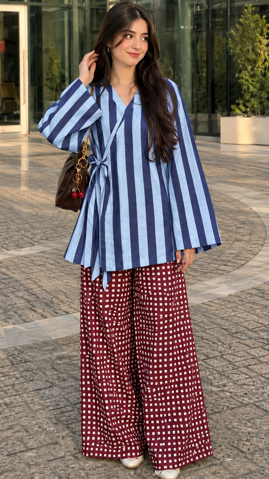 Blue and White Striped and Maroon Mini Check Wrap Tunic and Wide-Leg Trouser Set