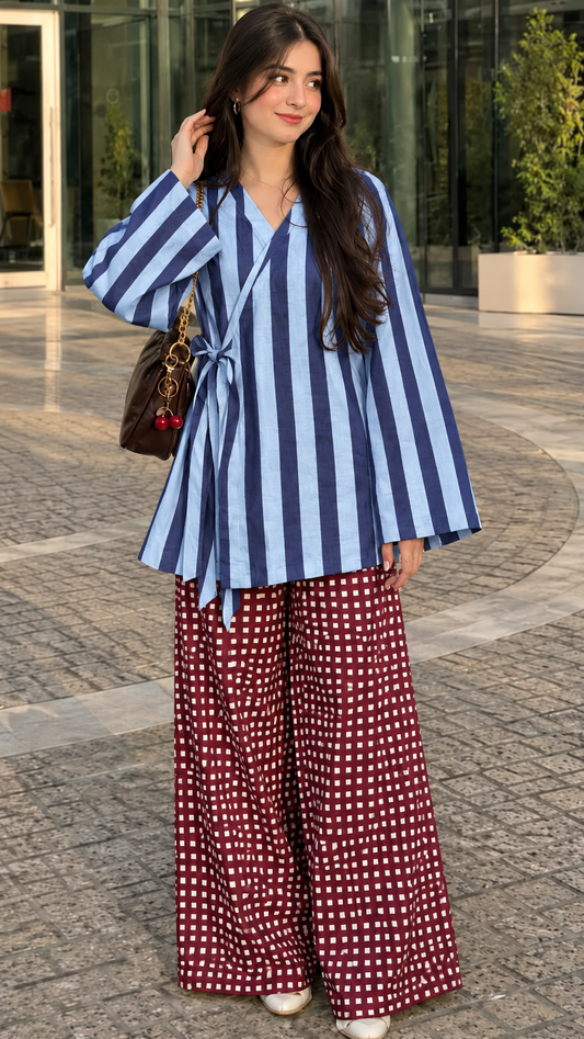 Blue and White Striped and Maroon Mini Check Wrap Tunic and Wide-Leg Trouser Set