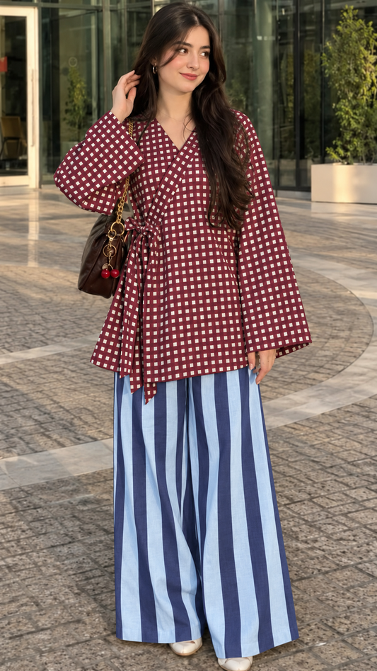 Maroon Mini Check and Blue and White Striped Wrap Tunic and Wide-Leg Trouser Set