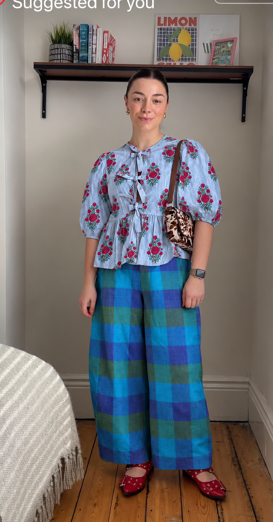 Pale Blue Floral and Blue and Green Checked Bow-Front Peplum Co-ord Set