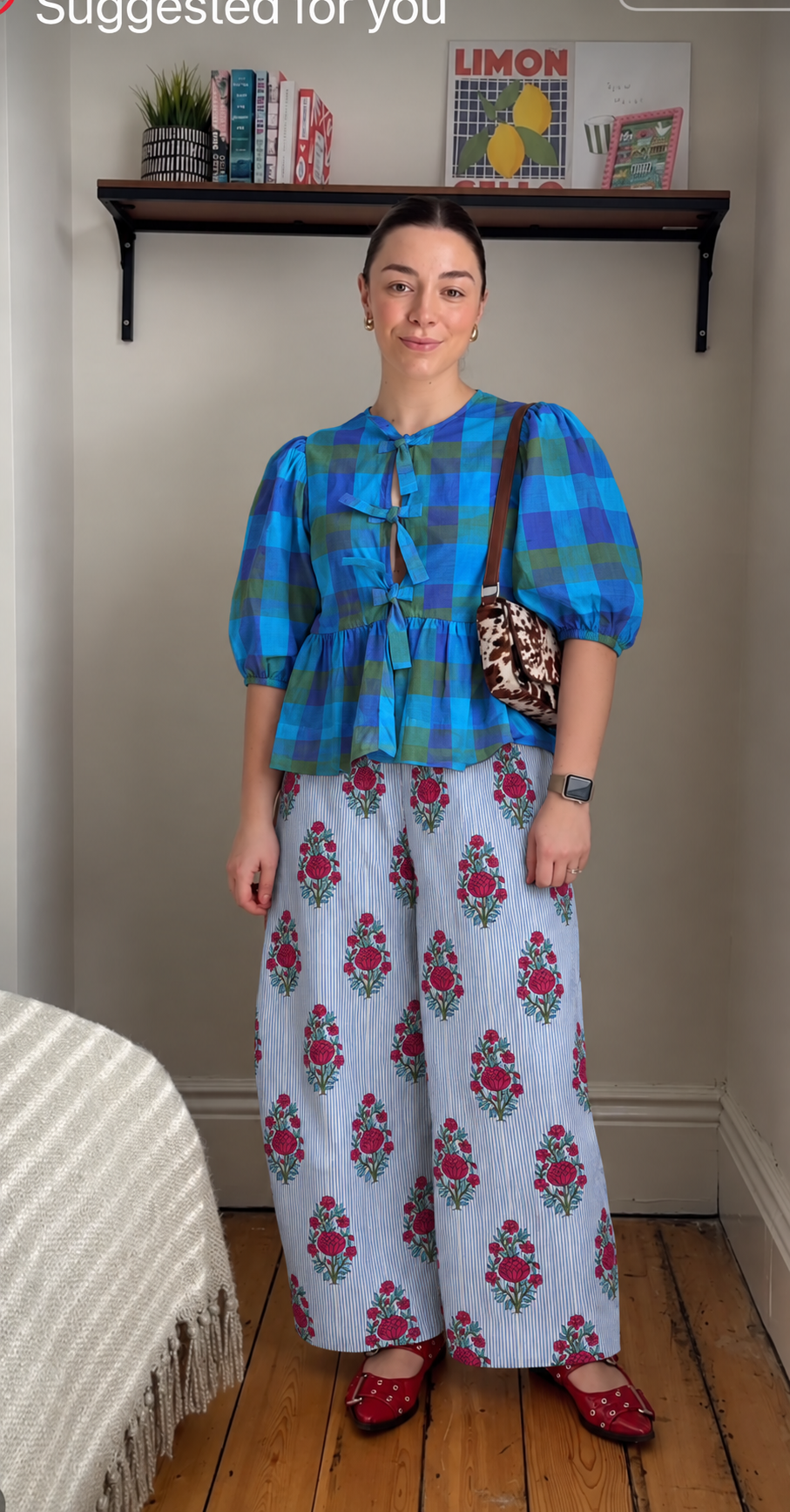 Blue and Green Checked and Pale Blue Floral Bow-Front Peplum Co-ord Set