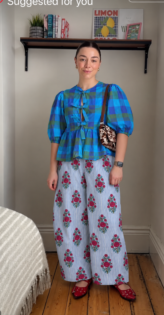 Blue and Green Checked and Pale Blue Floral Bow-Front Peplum Co-ord Set