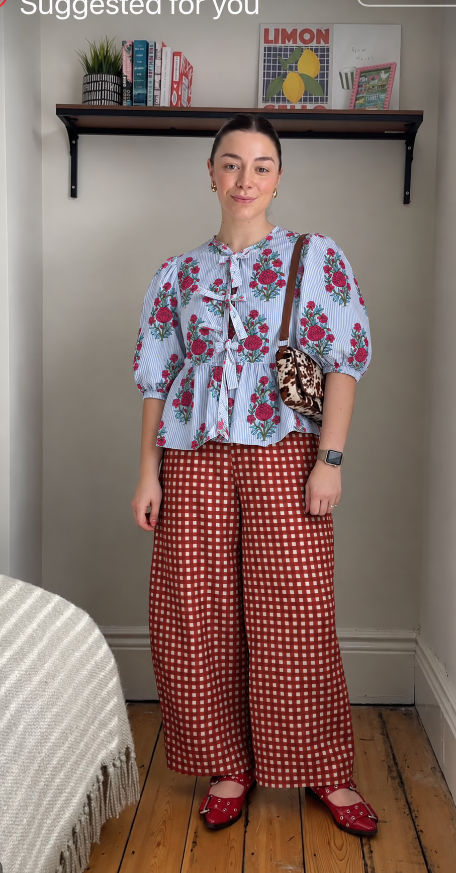 Pale Blue Floral and Red Square Check Bow-Front Peplum Co-ord Set