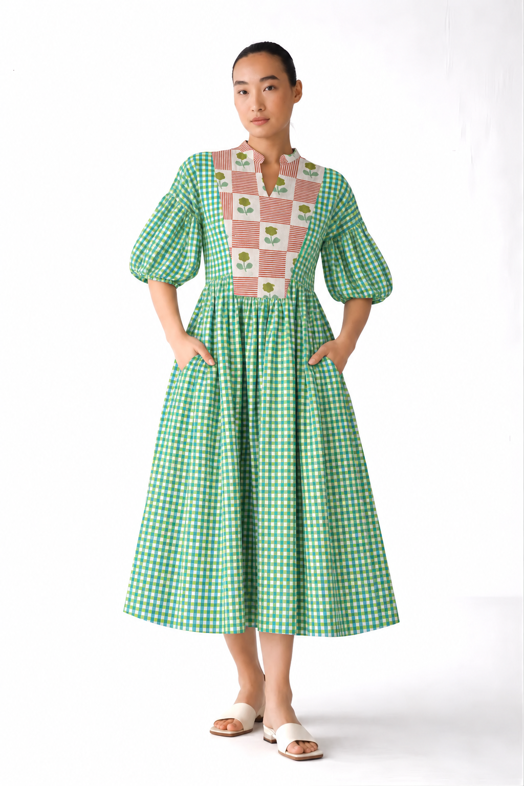 Green Checked with Blush Floral Patchwork Printed Inset Midi Dress
