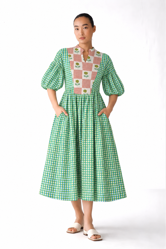 Green Checked with Blush Floral Patchwork Printed Inset Midi Dress