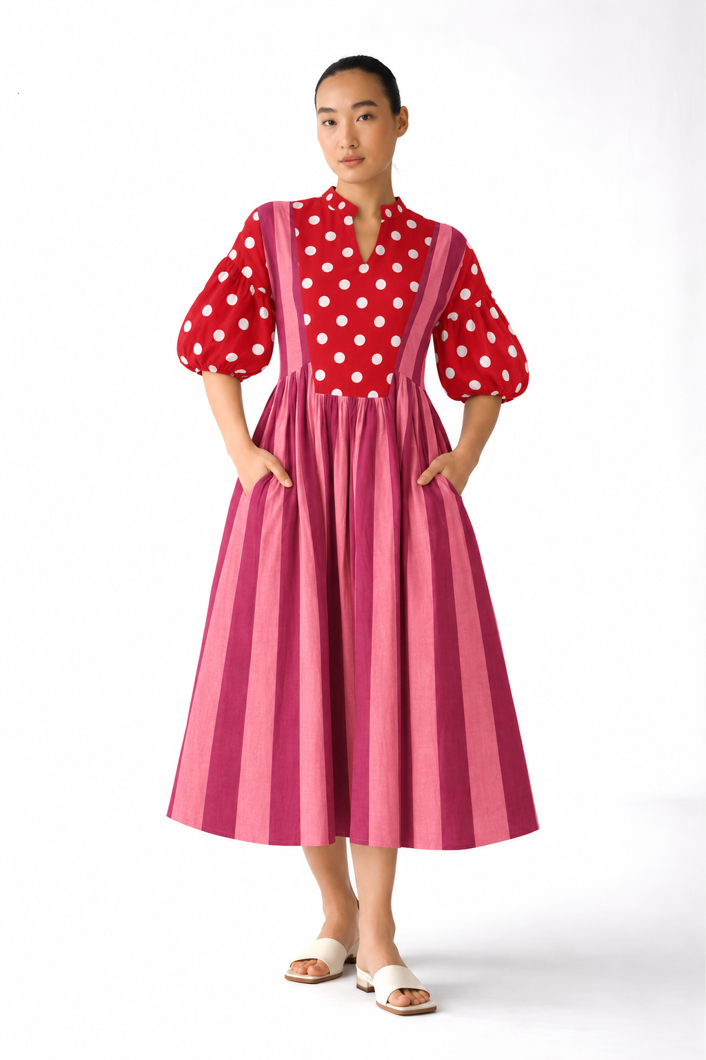 Pink Striped with Red and White Polka Dot Printed Inset Midi Dress