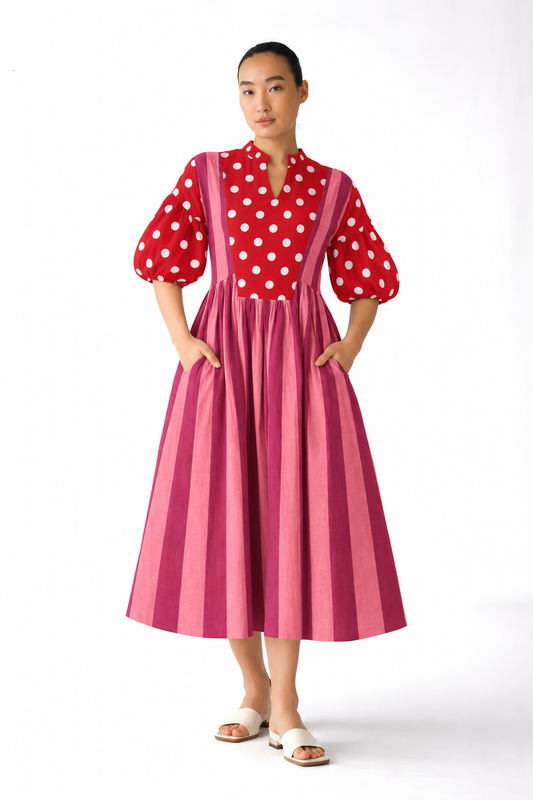 Pink Striped with Red and White Polka Dot Printed Inset Midi Dress