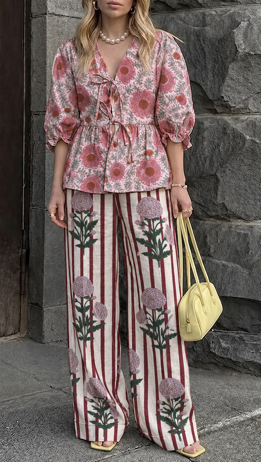 Pink Floral and Pink Floral Striped Tie-Front Peplum Co-ord Set