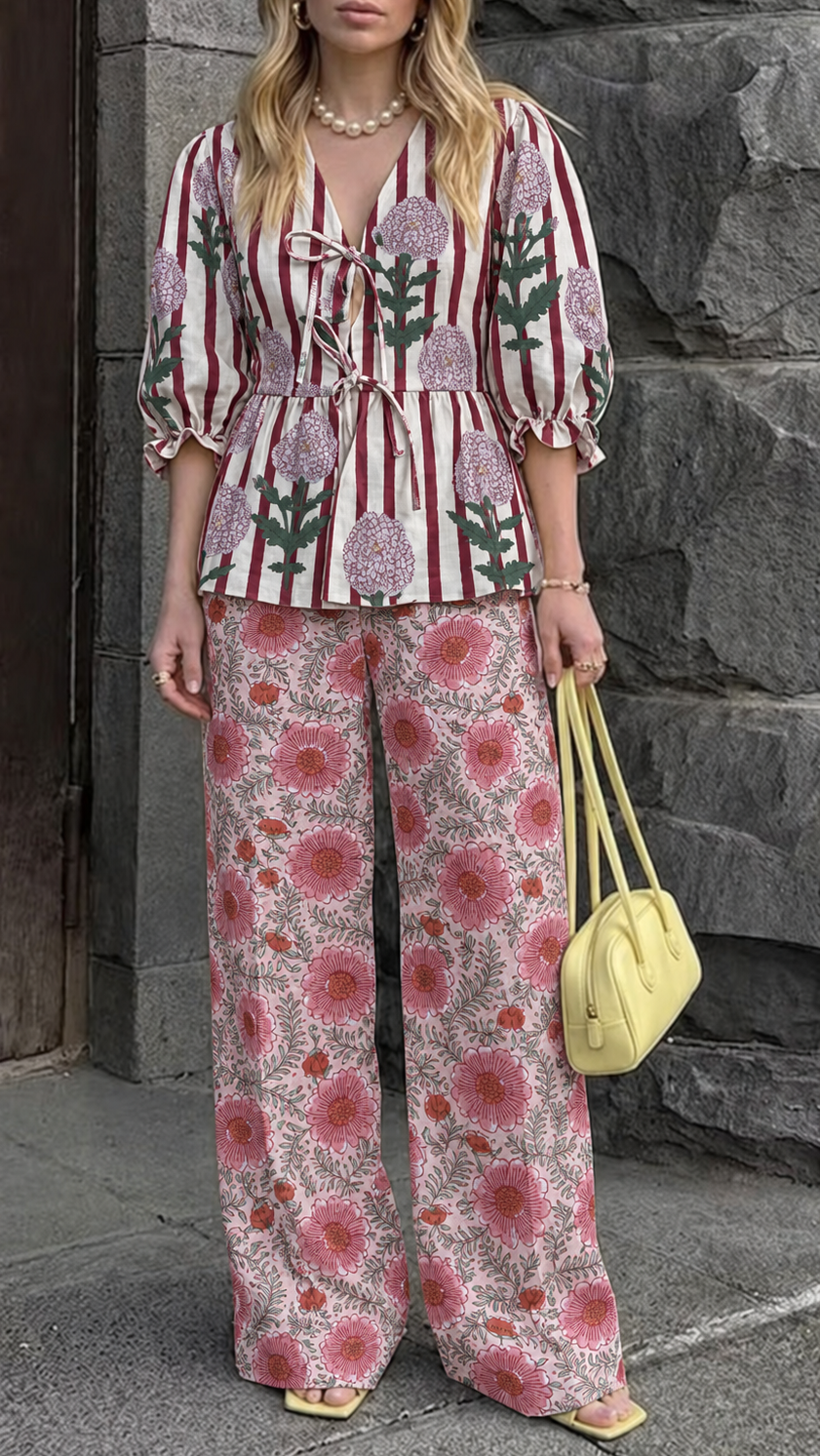 Pink Floral Striped and Pink Floral Tie-Front Peplum Co-ord Set