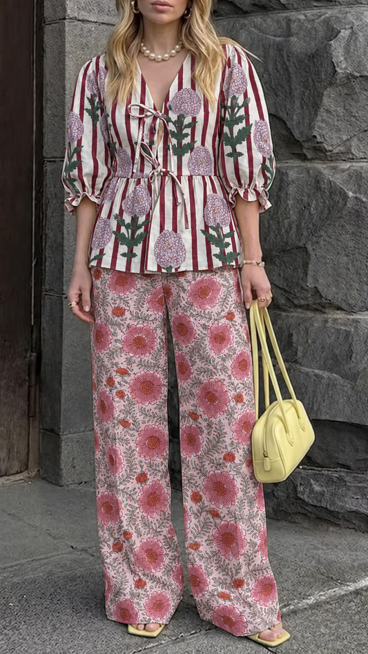 Pink Floral Striped and Pink Floral Tie-Front Peplum Co-ord Set