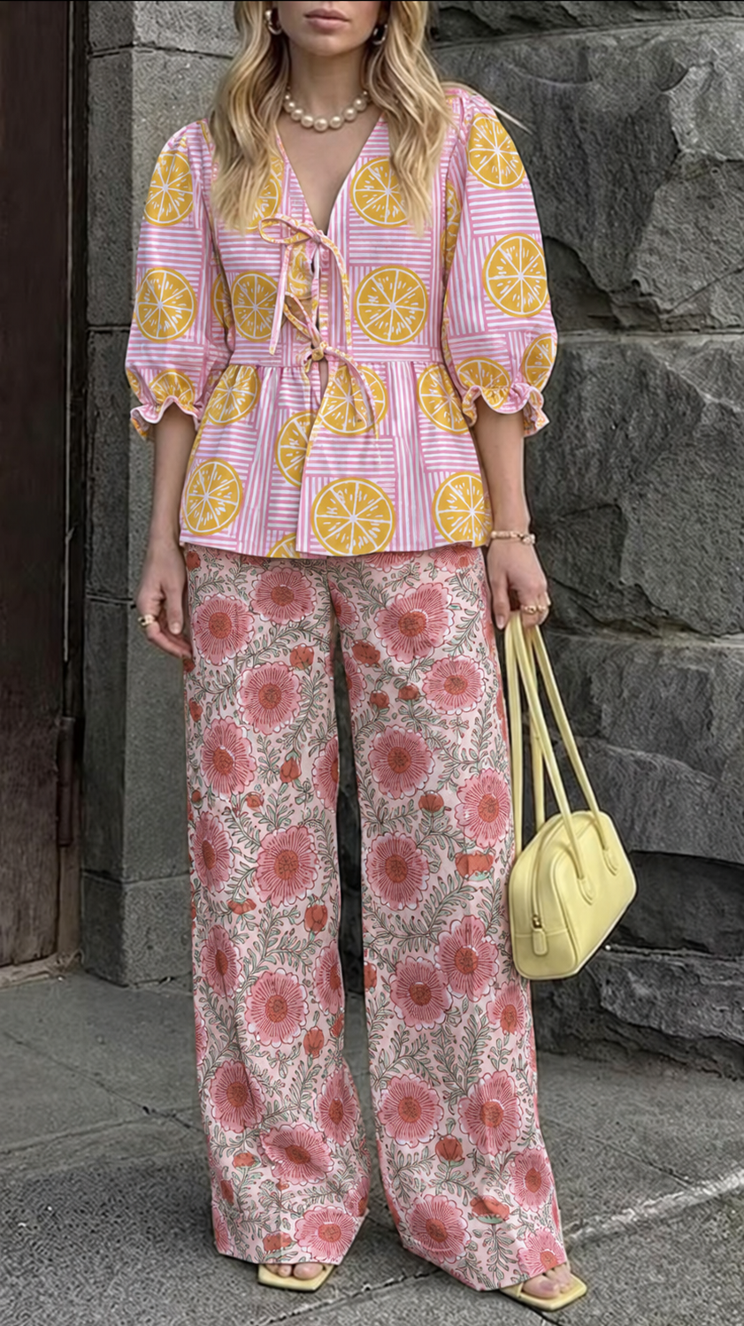 Lilac and Yellow Geometric and Pink Floral Tie-Front Peplum Co-ord Set