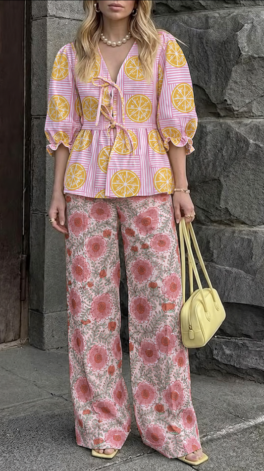 Lilac and Yellow Geometric and Pink Floral Tie-Front Peplum Co-ord Set
