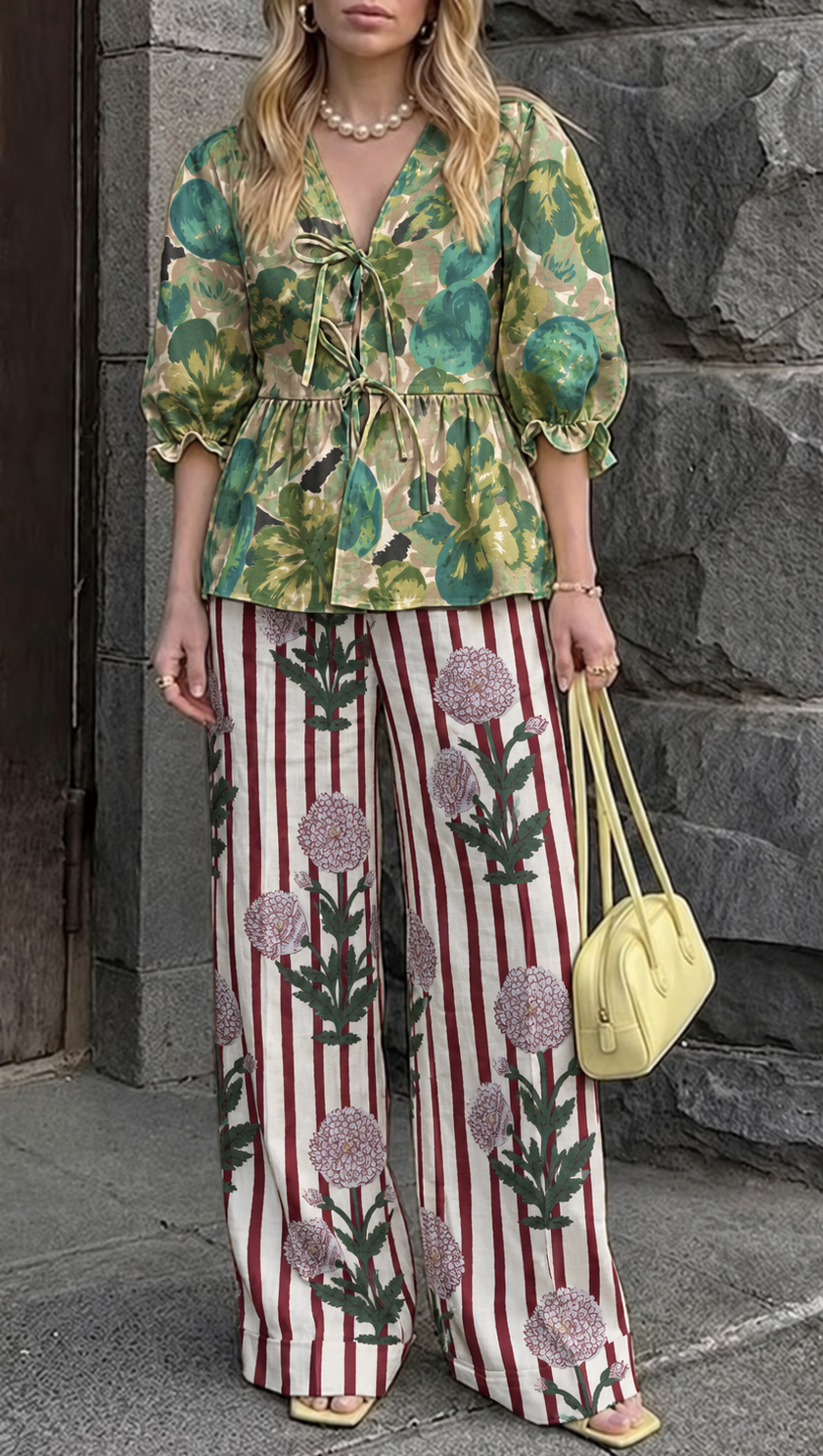 Green Botanical and Pink Floral Striped Tie-Front Peplum Co-ord Set