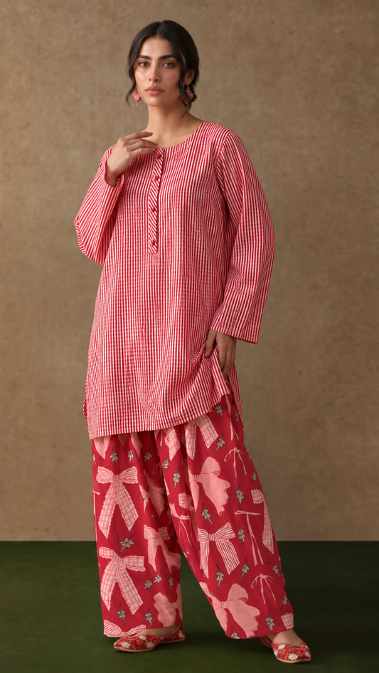 Pink Pinstriped and Red Abstract Printed Loose Kurta and Harem Pant Set