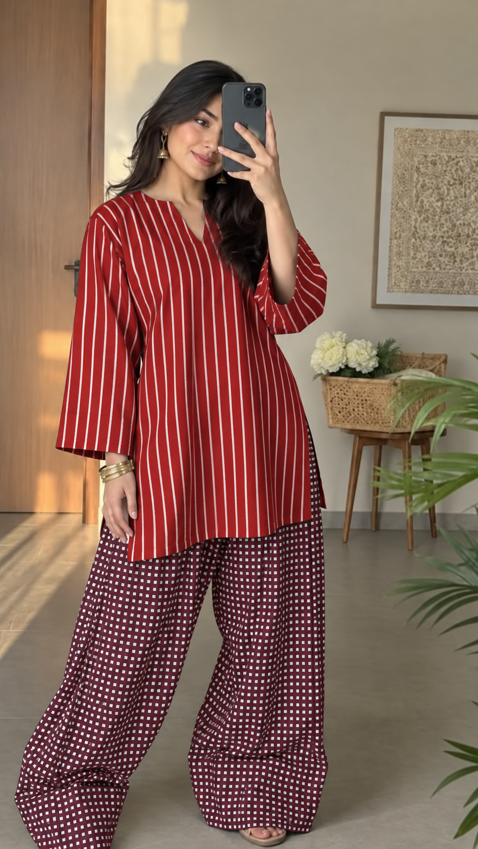 Red and White Striped and Maroon Mini Check Asymmetric Tunic and Palazzo Set