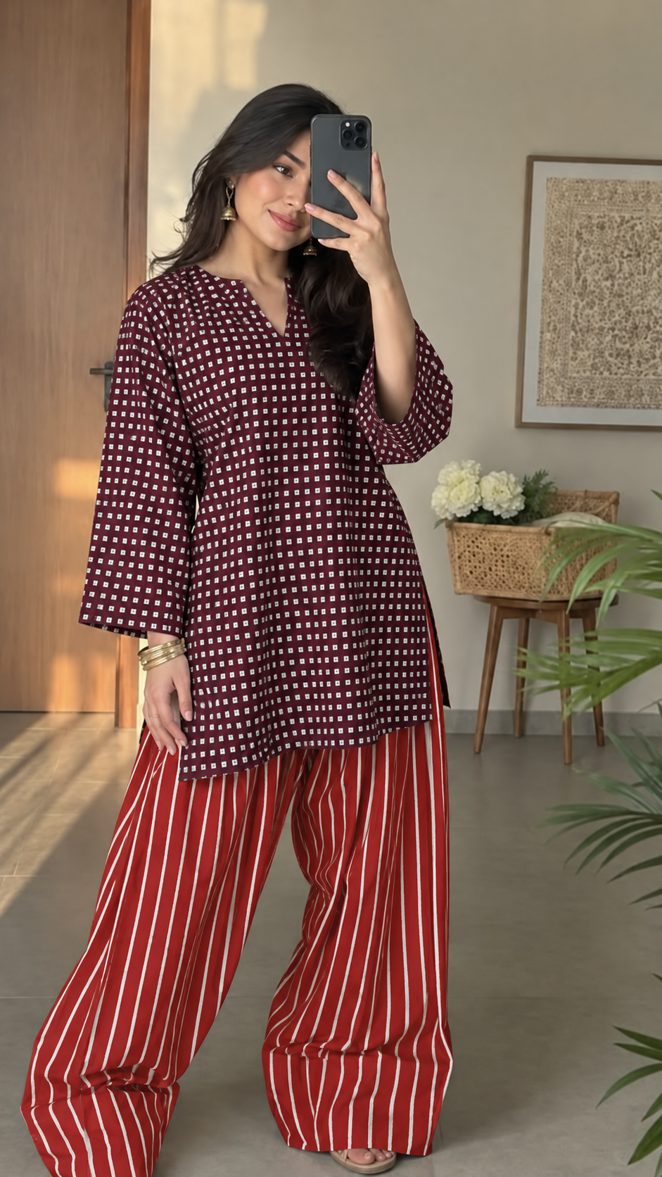 Maroon Mini Check and Red and White Striped Asymmetric Tunic and Palazzo Set
